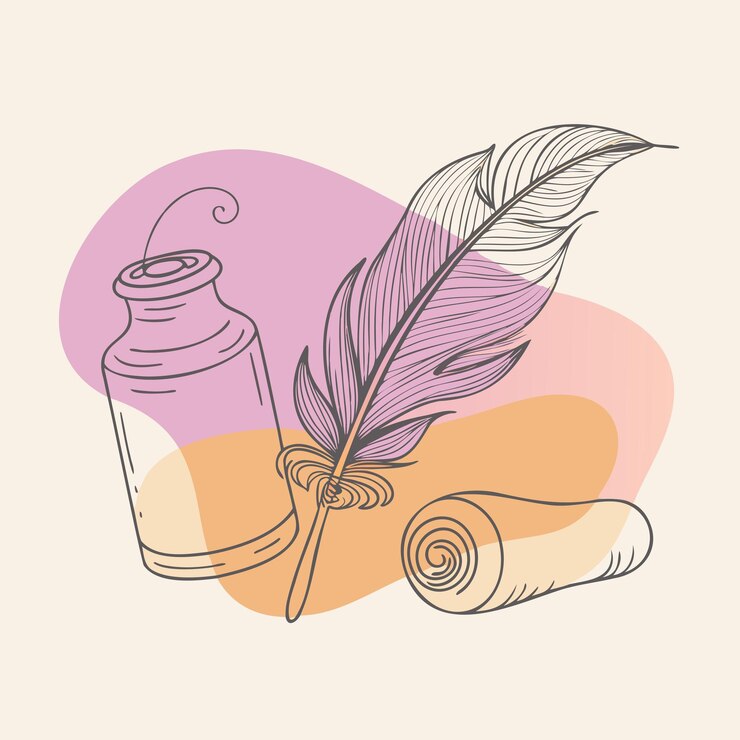 Vector un dibujo de una botella con una pluma y una pluma en ella