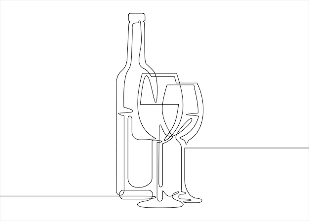 Dibujo de botella de vino y copa de vino con una línea continua Una línea continua