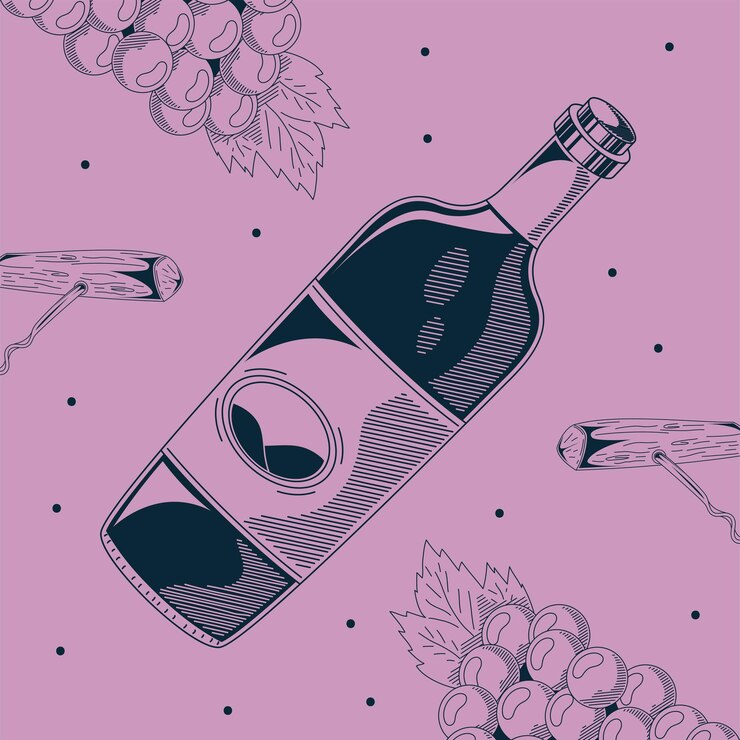 Vector dibujo de botella de vino y sacacorchos