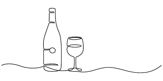 Dibujo de botella de vino y vaso de vino con una línea continua Una línea continua de una botella
