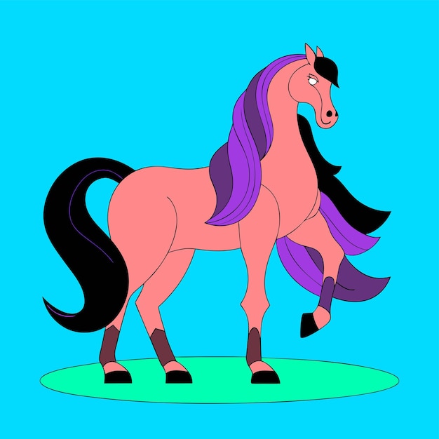 un dibujo de un caballo con una cola y una cola púrpura