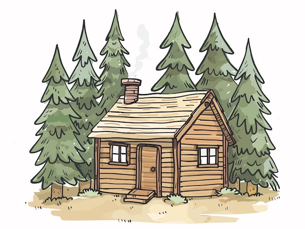 un dibujo de una cabaña de madera con una cabañas de madera en el fondo