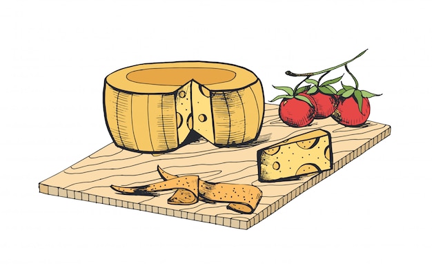 Vector dibujo de cabeza de queso, pieza, rodajas y tomates cherry sobre tabla de cortar de madera