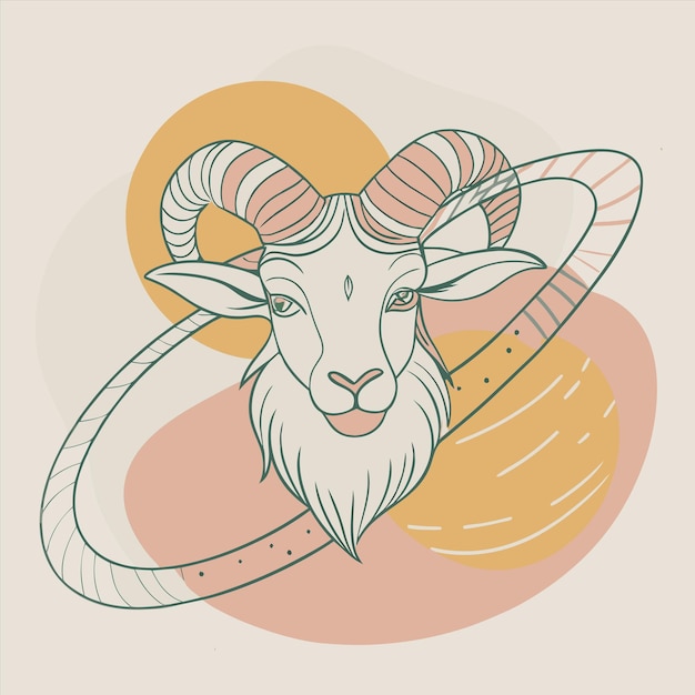 un dibujo de una cabra con cuernos y un círculo con un fondo amarillo y naranja