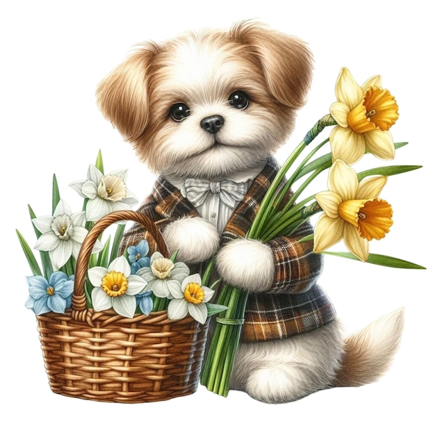 Vector un dibujo de un cachorro con una canasta de flores y una canasa de flores