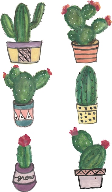 un dibujo de cactus y una olla de flores