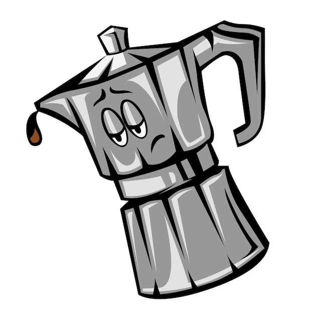 Vector un dibujo de una cafetera moka con una cara triste.