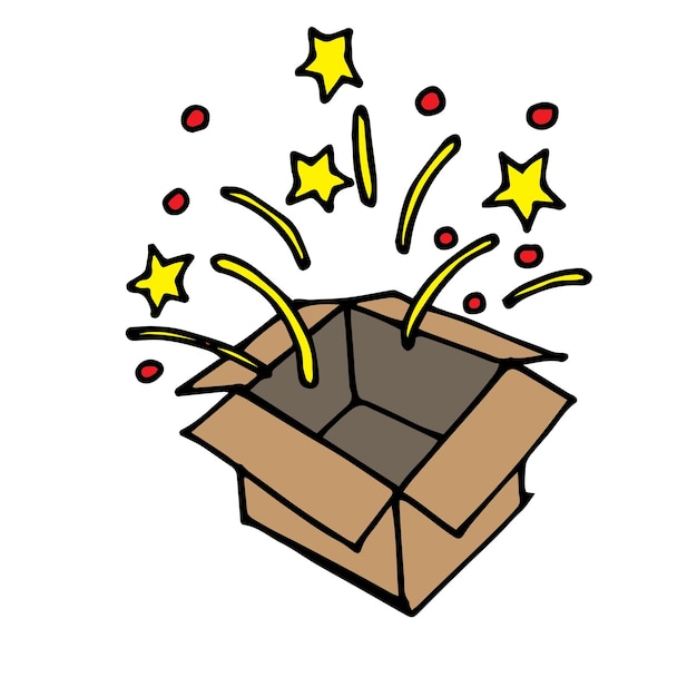 Dibujo en caja de estilo doodle con fuegos artificiales el icono lindo es un símbolo de regalo sorpresa de vacaciones