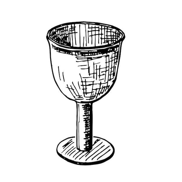 Dibujo de cáliz antiguo grabado ilustración vectorial Cáliz de grial dorado Imagen dibujada a mano vectorial en blanco y negro Capellán medieval Señor gracia objeto logotipo signo icono