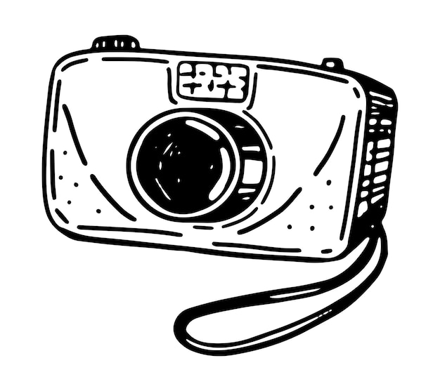 Dibujo de cámara digital compacta clipart Fotografía dispositivo equipo garabato aislado en blanco Ilustración vectorial dibujada a mano en estilo de grabado