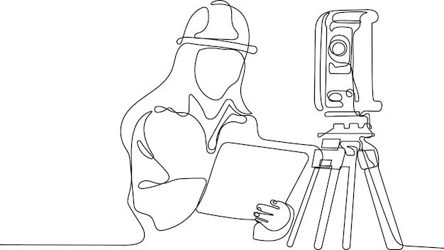 Un dibujo de una cámara con una mujer que usa un casco y sostiene un portapapeles.