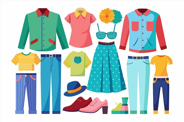 un dibujo de una camisa, zapatos de vestido y una camisa con un sombrero