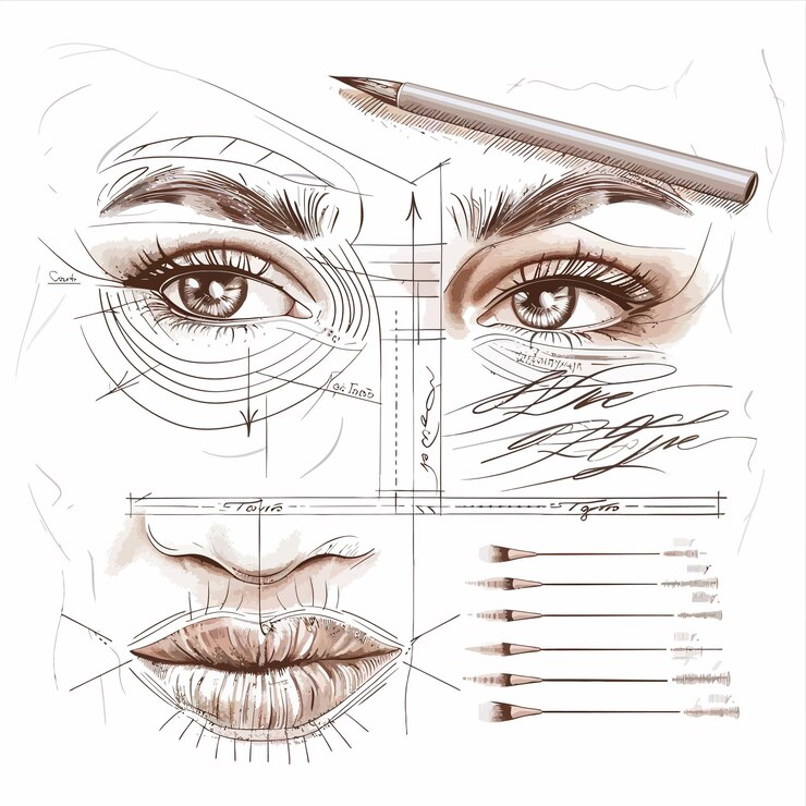 Vector un dibujo de la cara de una mujer con un lápiz en el medio