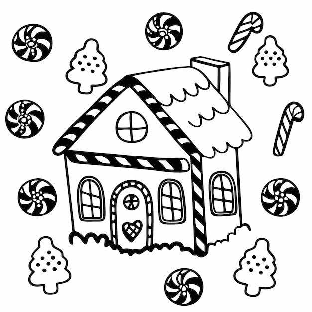 un dibujo de una casa con cañas de caramelo y cañas de candy