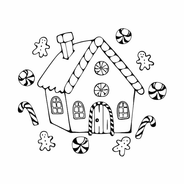 un dibujo de una casa con una casa y un bastón de caramelo