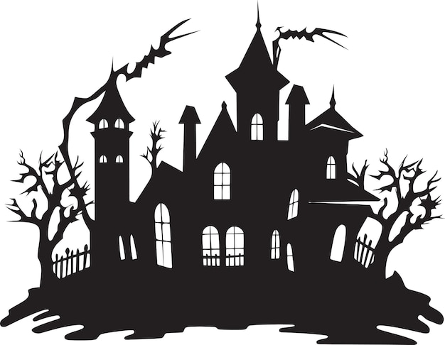 Vector un dibujo de una casa embrujada con una casa aterradora en el fondo