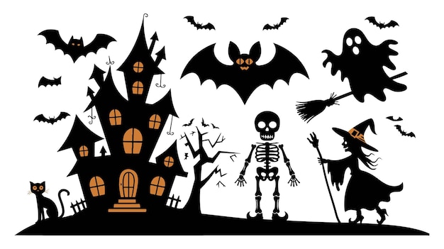 un dibujo de una casa con un esqueleto y una casa con murciélagos en el fondo