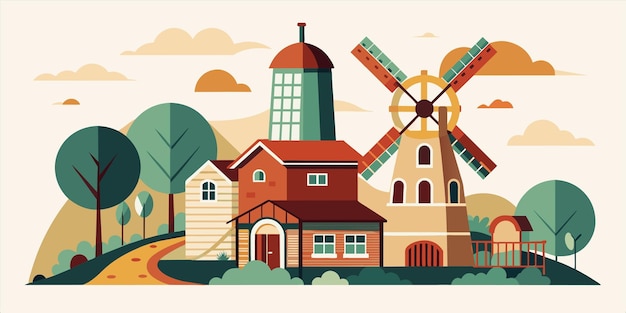 un dibujo de una casa con molinos de viento y un molino de viento