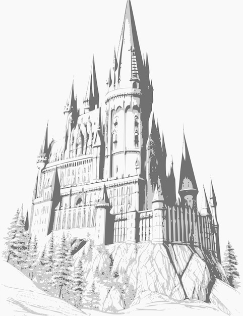 Un dibujo de un castillo en blanco y negro.