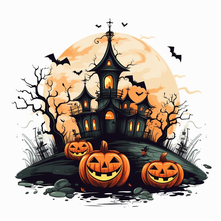 un dibujo de un castillo con calabazas en él