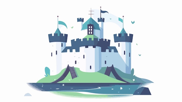 un dibujo de un castillo con hierba verde y banderas