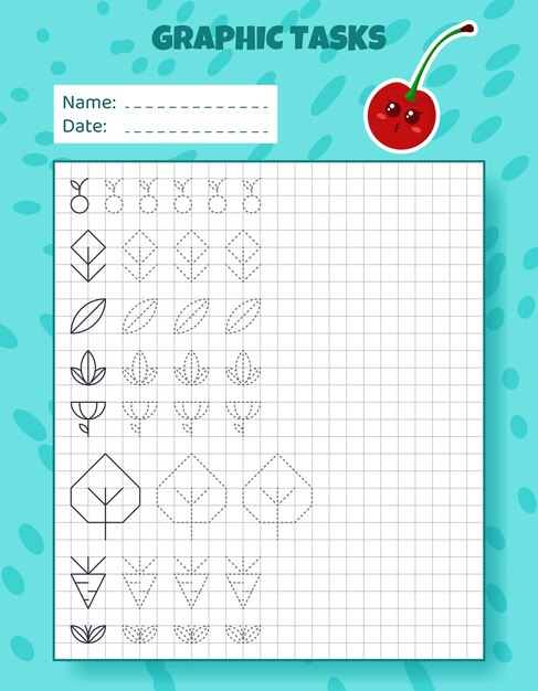 Dibujo por células Juego educativo para niños en edad preescolar Hojas de trabajo con cerezas