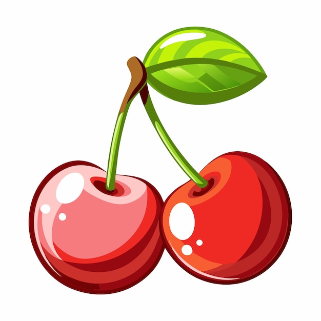 un dibujo de cerezas con una hoja verde en la parte superior