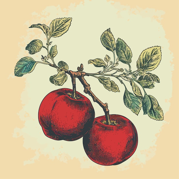 Vector un dibujo de cerezas con hojas y hojas.