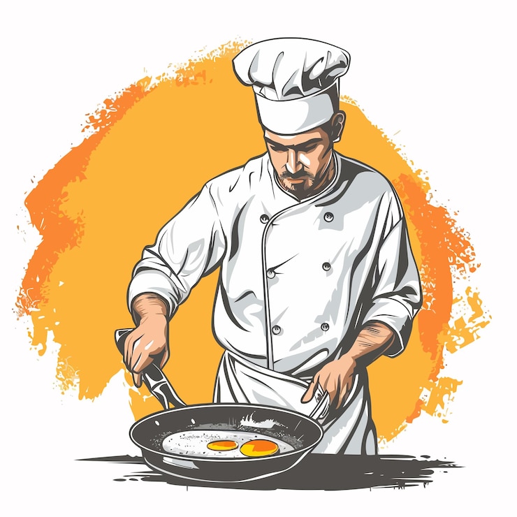 Vector un dibujo de un chef cocinando con una cuchara y salsa