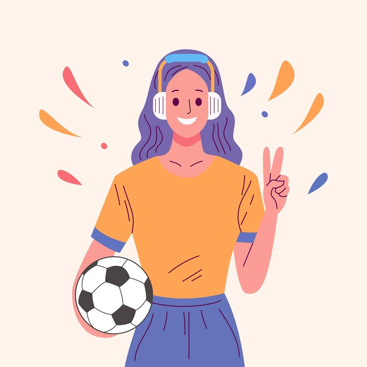 un dibujo de una chica con auriculares y sosteniendo una pelota de fútbol