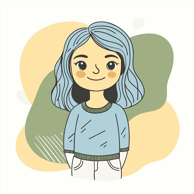 un dibujo de una chica con el cabello azul y una camisa azul que dice cita la palabra cita