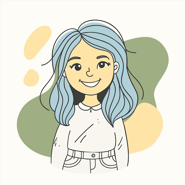 un dibujo de una chica con cabello azul y un fondo amarillo