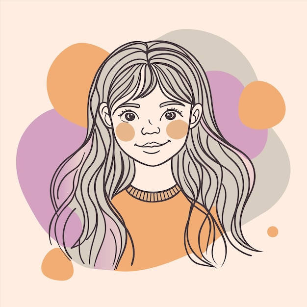un dibujo de una chica con cabello largo y una camisa amarilla con un círculo rosa y naranja en el medio