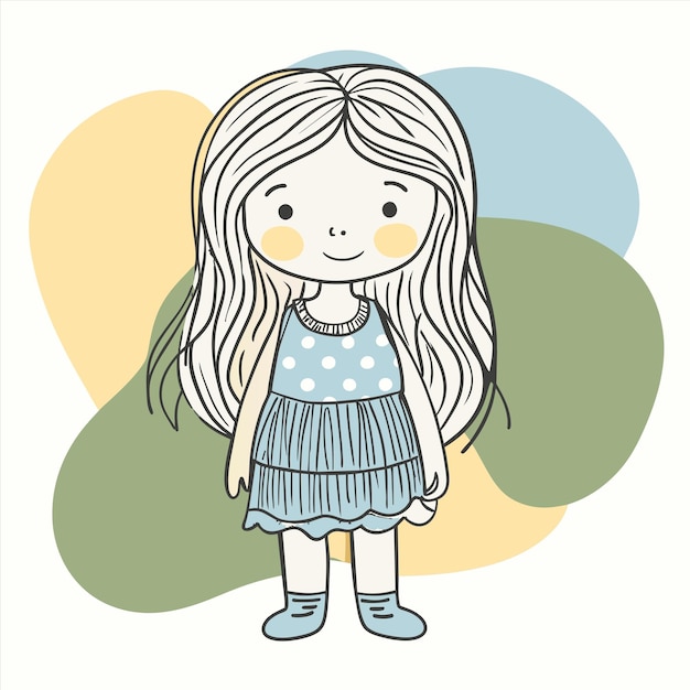 un dibujo de una chica con cabello rubio largo y un fondo azul y amarillo