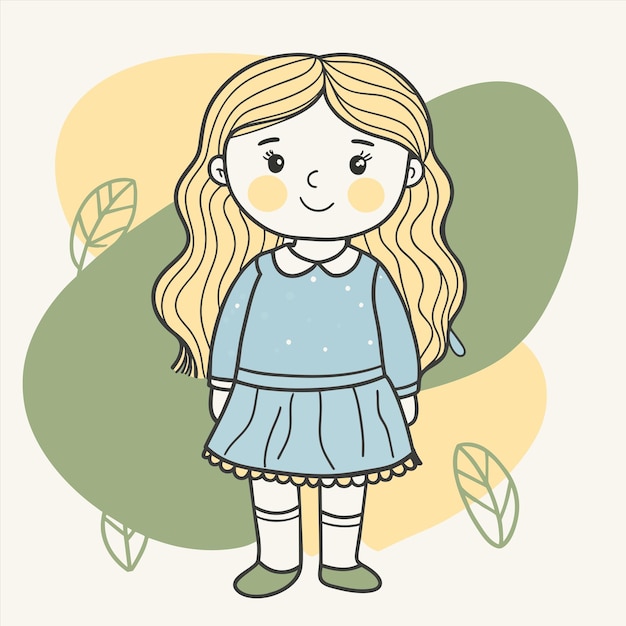 un dibujo de una chica con el cabello rubio largo y un vestido azul con un fondo amarillo