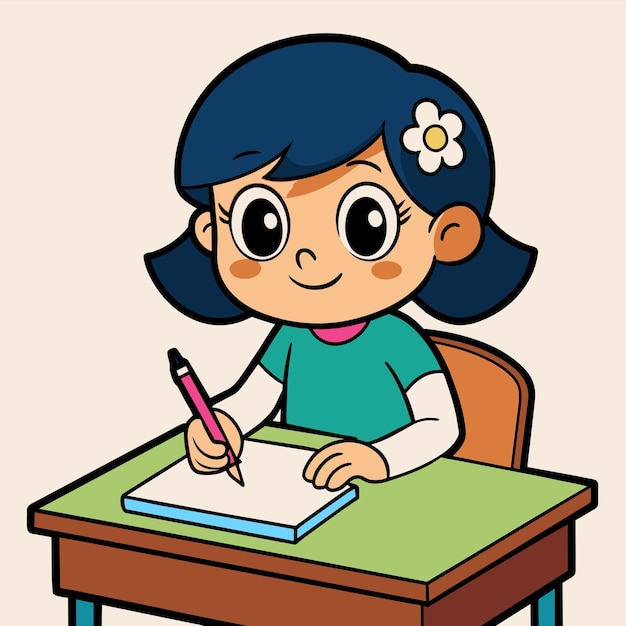 un dibujo de una chica con una camisa verde y una flor en el cabello
