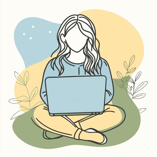 un dibujo de una chica con una computadora portátil en el regazo