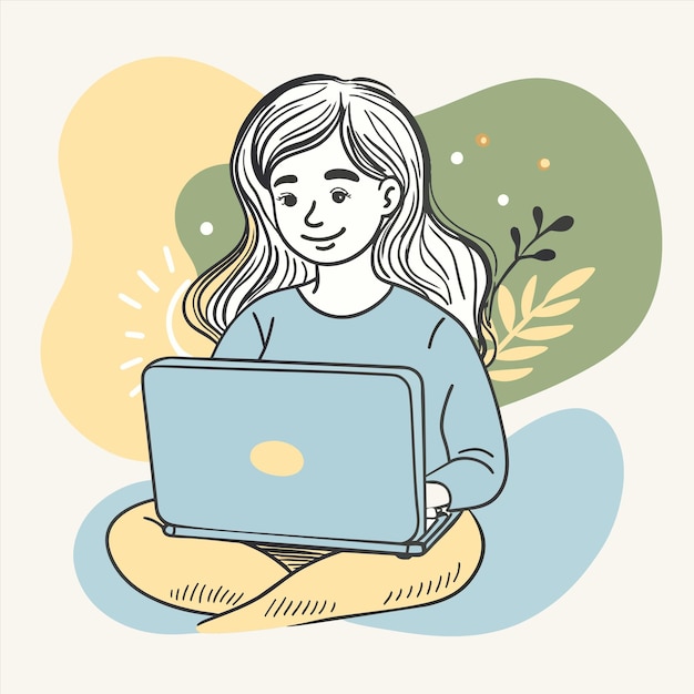 un dibujo de una chica con una computadora portátil en el regazo