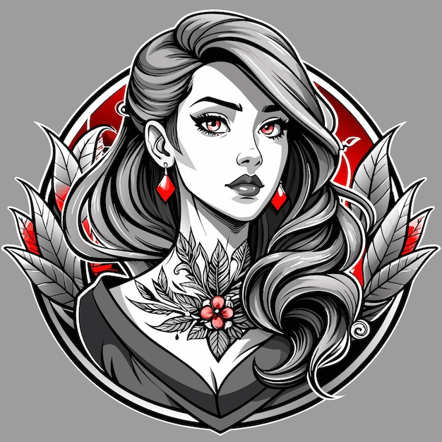 Vector dibujo de una chica geisha mujer tatuaje dibujado a mano personaje de dibujos animados pegatina icono concepto aislado