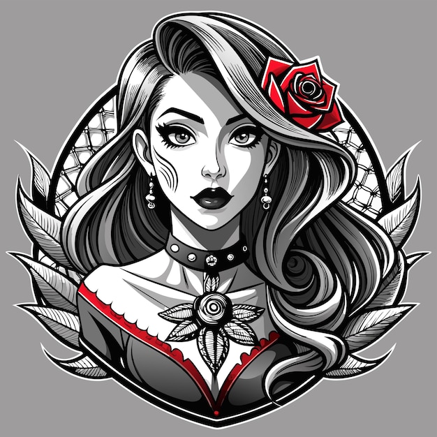 Vector dibujo de una chica geisha mujer tatuaje dibujado a mano personaje de dibujos animados pegatina icono concepto aislado