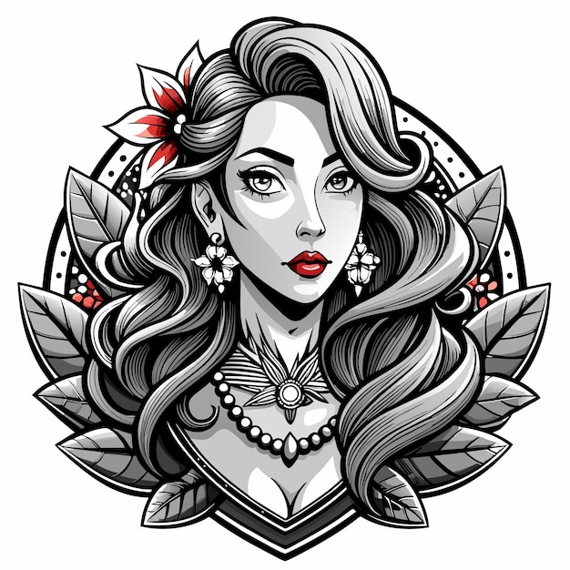 Vector dibujo de una chica geisha mujer tatuaje dibujado a mano personaje de dibujos animados pegatina icono concepto aislado