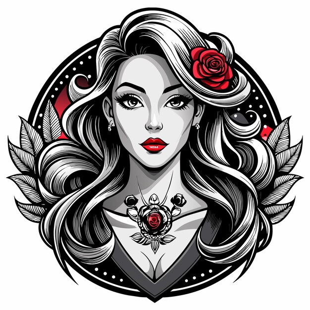 Vector dibujo de una chica geisha mujer tatuaje dibujado a mano personaje de dibujos animados pegatina icono concepto aislado