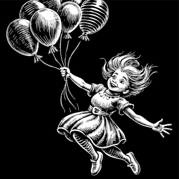 un dibujo de una chica con globos que dicen "feliz cumpleaños"