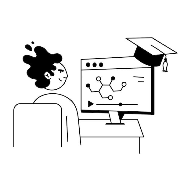 un dibujo de una chica mirando una pantalla de computadora con un lápiz en la parte superior