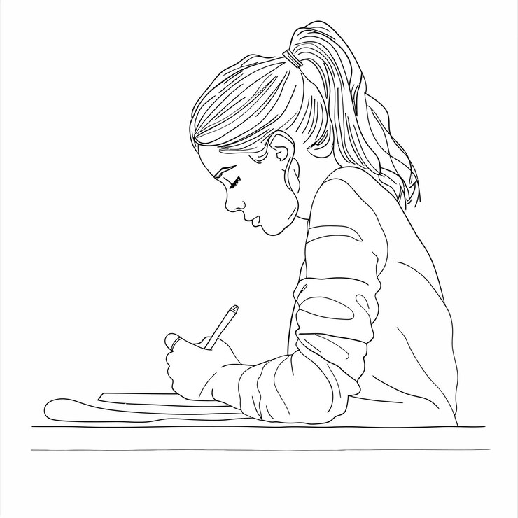 Vector un dibujo de una chica sentada en un escritorio con un lápiz en la mano