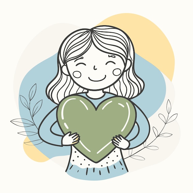 un dibujo de una chica sosteniendo un corazón con un ángel en el fondo