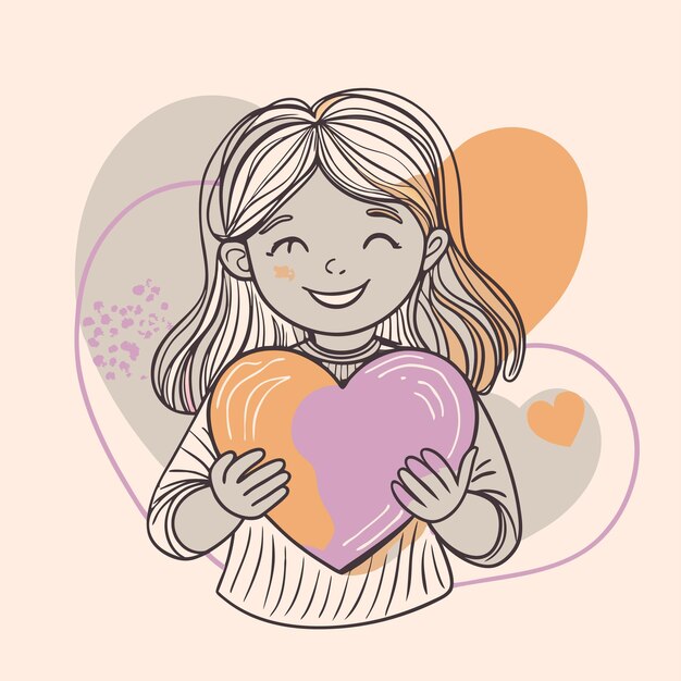 un dibujo de una chica sosteniendo un corazón con muchos corazones