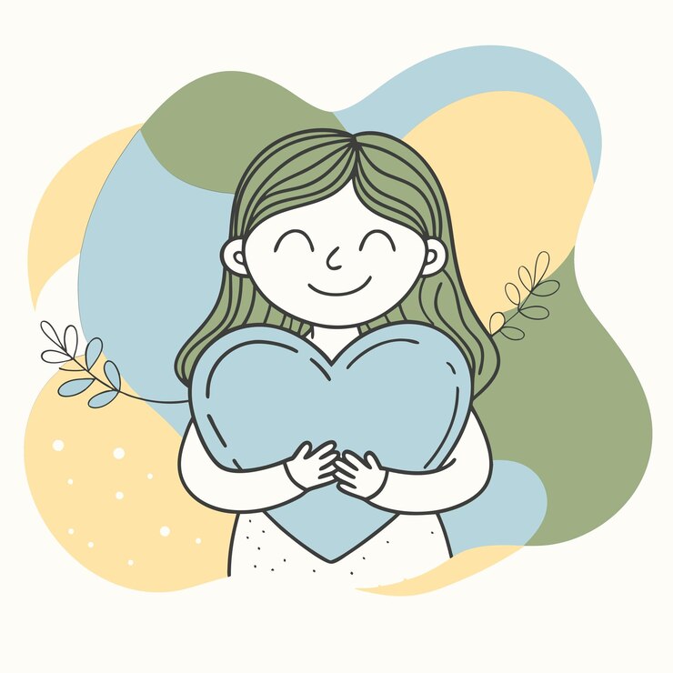 Vector un dibujo de una chica sosteniendo un corazón que dice "amor feliz"