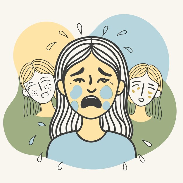 un dibujo de una chica triste llorando con lágrimas cayendo