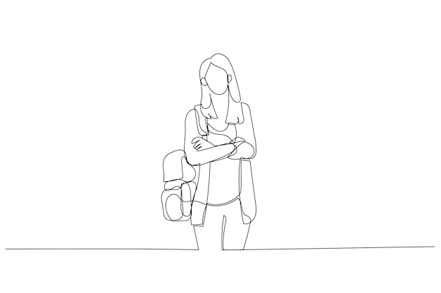 Dibujo de una chica universitaria de pie con una mochila en el hombro Posando para publicación Arte de línea única continua